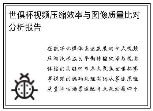 世俱杯视频压缩效率与图像质量比对分析报告