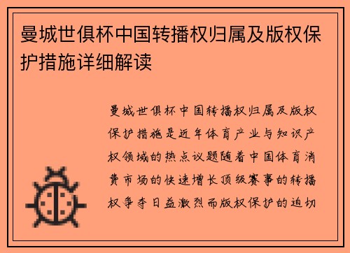 曼城世俱杯中国转播权归属及版权保护措施详细解读